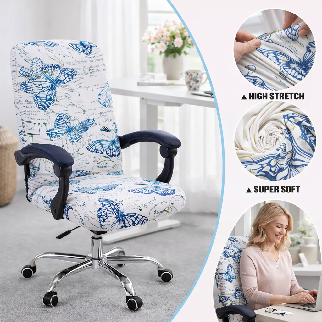 Printed stretch office chair cover for swivel desk chairs
