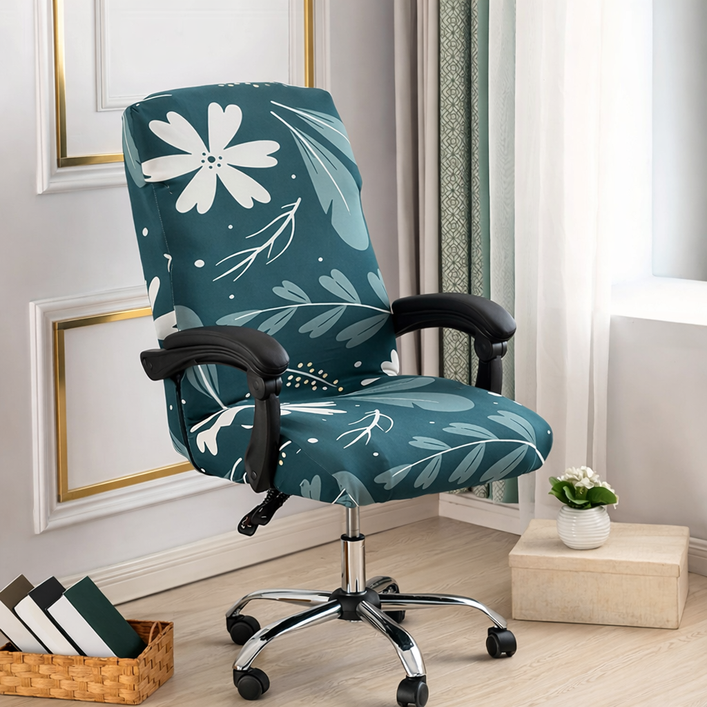 Printed stretch office chair cover for swivel desk chairs