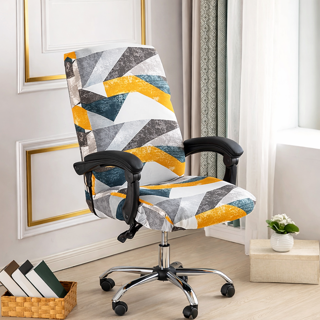 Printed stretch office chair cover for swivel desk chairs