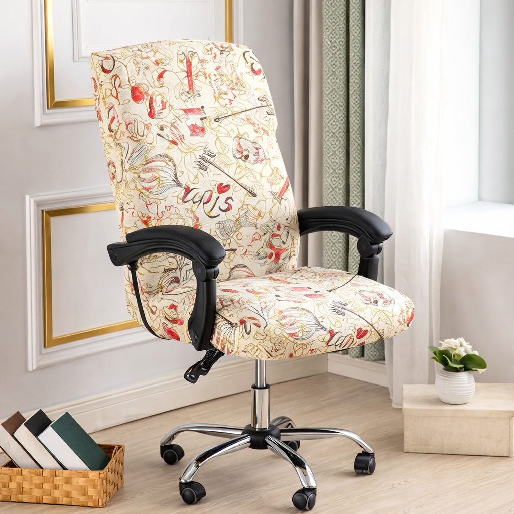 Printed stretch office chair cover for swivel desk chairs