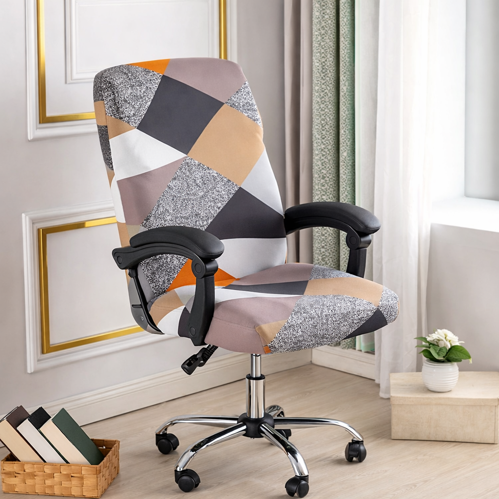Printed stretch office chair cover for swivel desk chairs