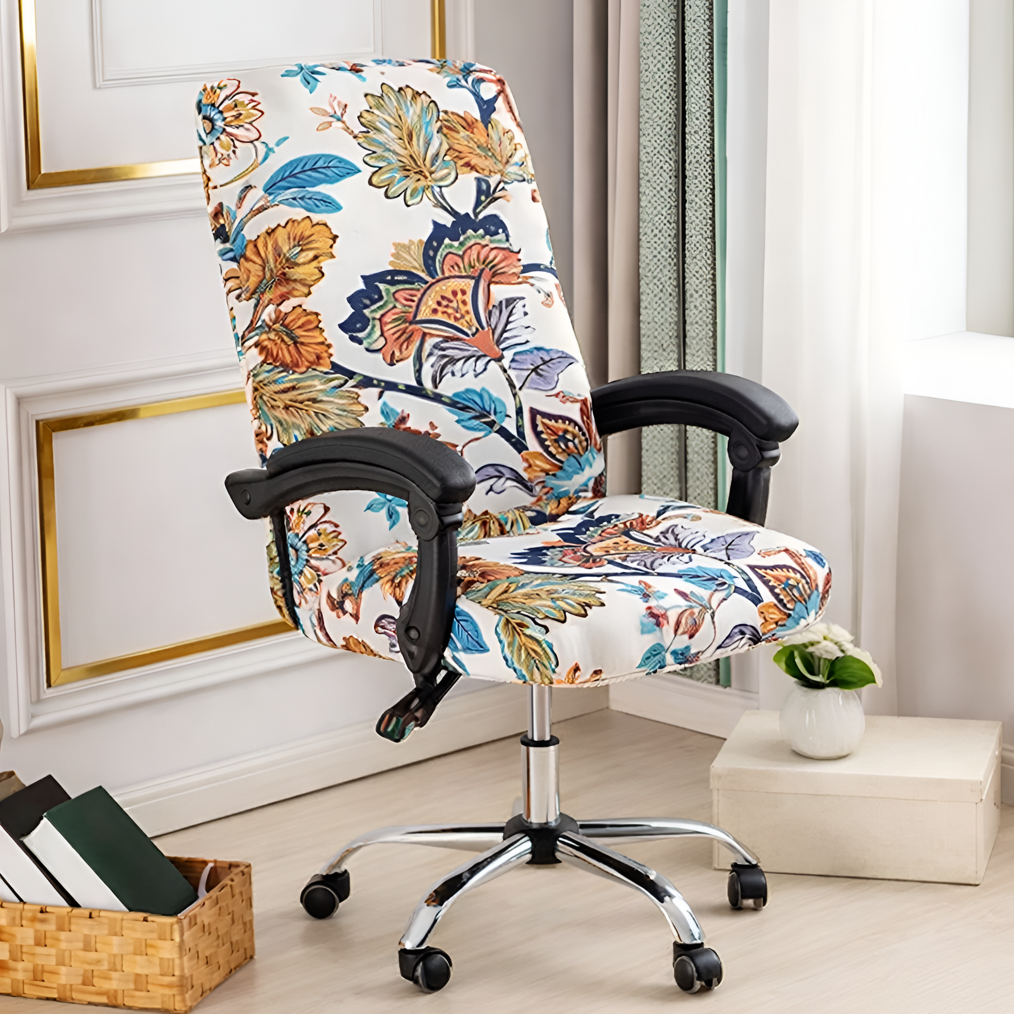 Printed stretch office chair cover for swivel desk chairs