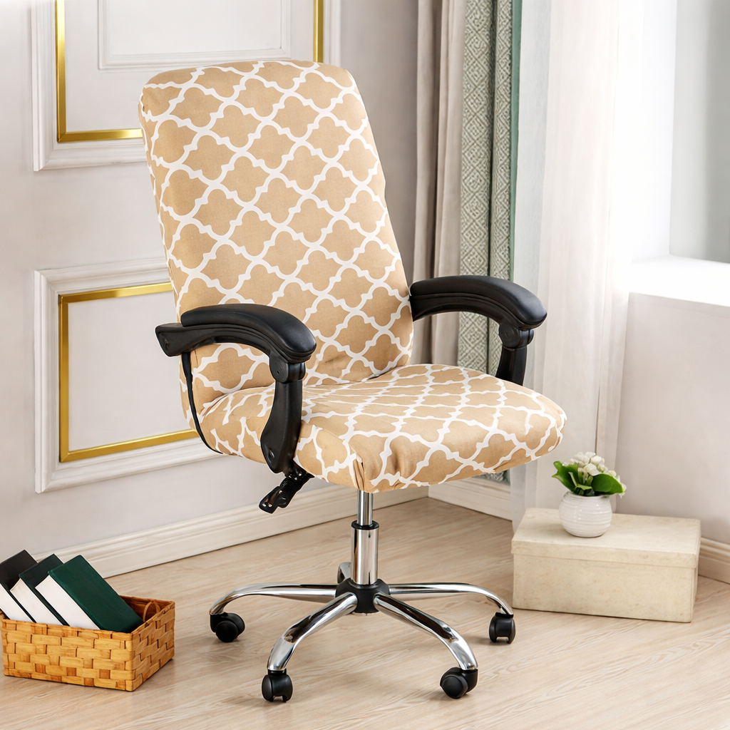 Printed stretch office chair cover for swivel desk chairs