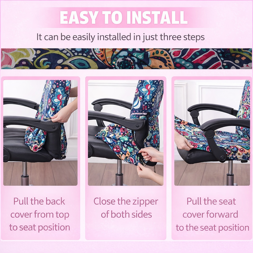 Printed stretch office chair cover for swivel desk chairs